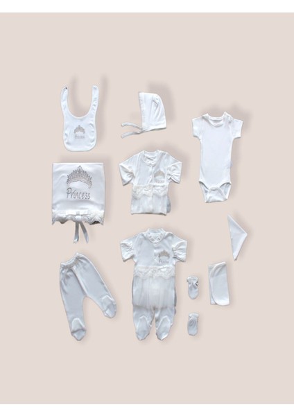Taçlı Prensesim Nakışlı Cotton Antibaakteriyel 10LU Zıbın Takımı Hastane Çıkışı