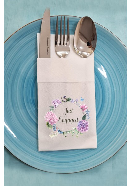 Kumaş Dokulu Cepli Peçete Just Engaged Nişan Masası Peçetesi