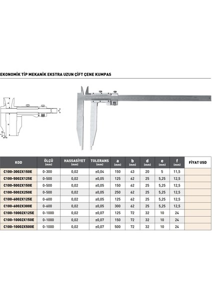 0-500MM Pld Ekonomik Tip Mekanik Ekstra Uzun Çift Çene Kumpas