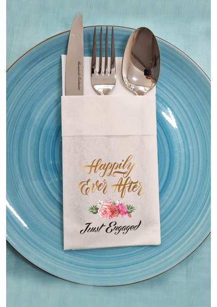 Kumaş Dokulu Cepli Nişan Peçetesi Happily Ever After Organizasyon Peçetesi