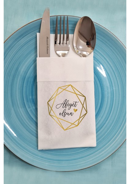Kumaş Dokulu Gold Geometrik Afiyet Olsun Yazılı Sunum Peçetesi