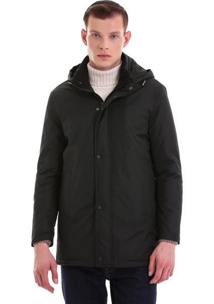 Siyah Slim Fit Desenli Hakim Yaka Kapüşonlu Kaban