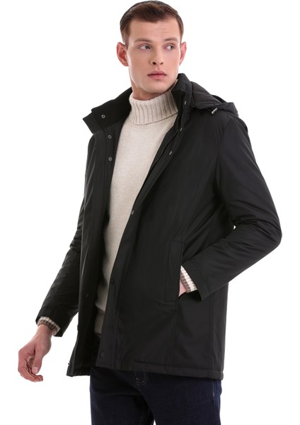 Siyah Slim Fit Desenli Hakim Yaka Kapüşonlu Kaban modelleri
