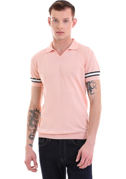 Pembe Slim Fit Çizgili Polo Yaka Triko Tişört