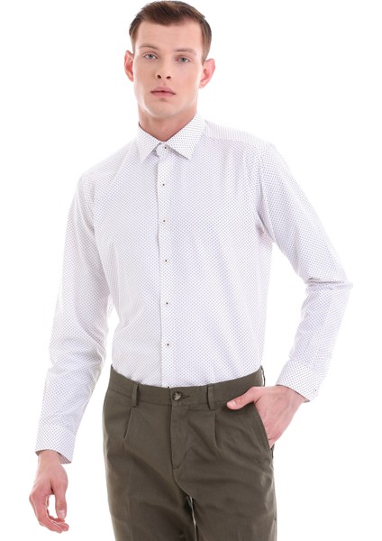 Bordo Slim Fit Baskılı Pamuklu Slim Yaka Uzun Kollu Klasik Gömlek