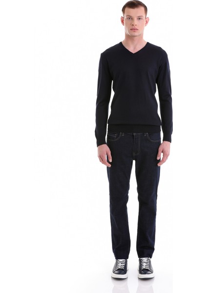 Lacivert Regular Fit Düz V Yaka Yünlü Triko Kazak fiyatları