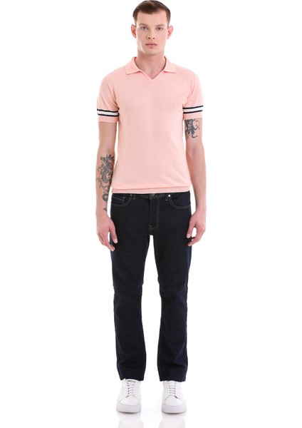 Pembe Slim Fit Çizgili Polo Yaka Triko Tişört