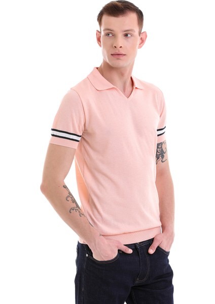 Pembe Slim Fit Çizgili Polo Yaka Triko Tişört