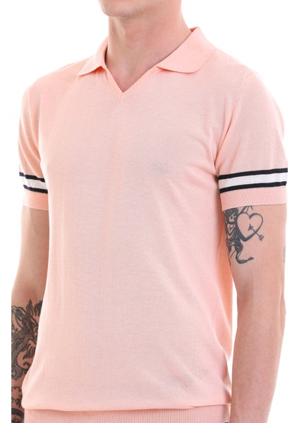 Pembe Slim Fit Çizgili Polo Yaka Triko Tişört