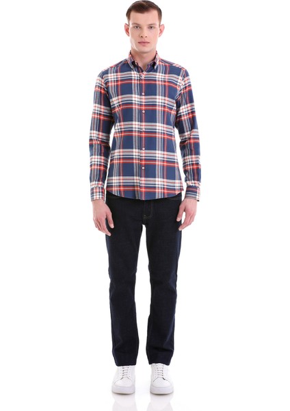 Lacivert Slim Fit Kareli 100% Pamuklu Düğmeli Yaka Uzun Kollu Klasik Gömlek fiyatları