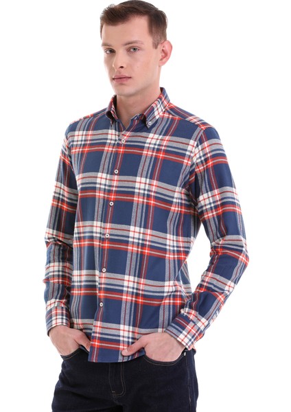 Lacivert Slim Fit Kareli 100% Pamuklu Düğmeli Yaka Uzun Kollu Klasik Gömlek fırsatları