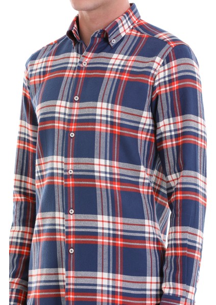 Lacivert Slim Fit Kareli 100% Pamuklu Düğmeli Yaka Uzun Kollu Klasik Gömlek indirimleri