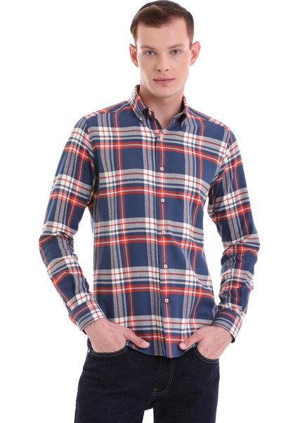Lacivert Slim Fit Kareli 100% Pamuklu Düğmeli Yaka Uzun Kollu Klasik Gömlek