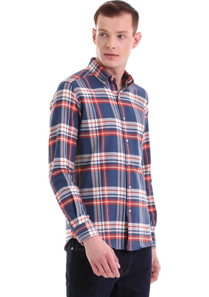 Lacivert Slim Fit Kareli 100% Pamuklu Düğmeli Yaka Uzun Kollu Klasik Gömlek modelleri
