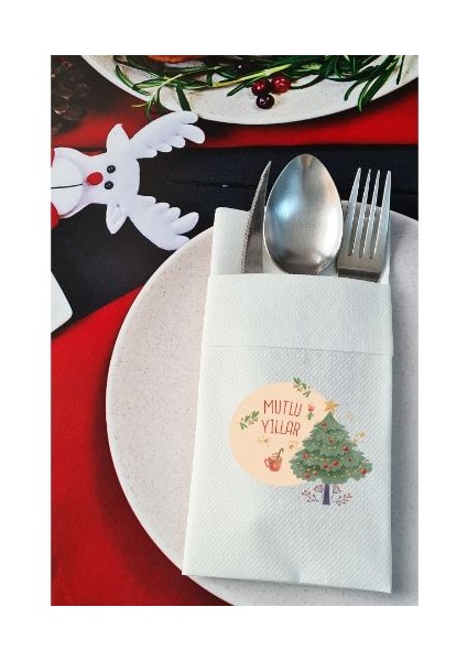 Kumaş Dokulu Mutlu Yıllar Yılbaşı Masası Sunum Peçetesi