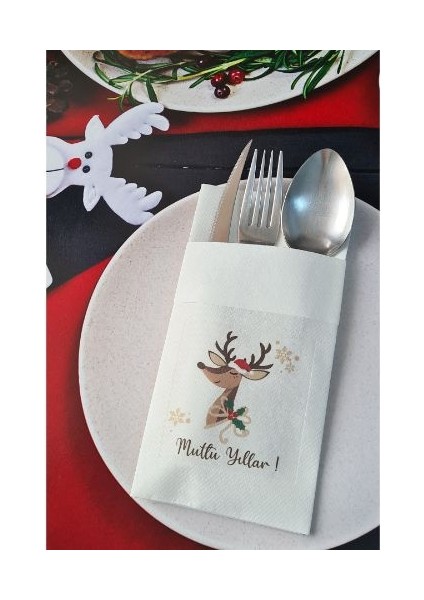 Kumaş Dokulu Tatlı Geyik Mutlu Yıllar Yılbaşı Masası Sunum Peçetesi
