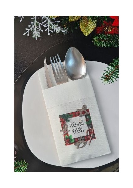 Kumaş Dokulu Ekoseli Mutlu Yıllar Yılbaşı Masası Sunum Peçetesi