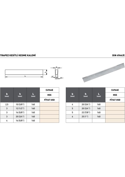 2,5X10 (3/8'')X160MM Pld DIN4964E Hss Trapez Kesitli Kesme Kalemi