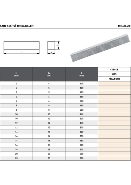 25X25X200MM Pld DIN4964B Hss Kare Kesitli Torna Kalemi