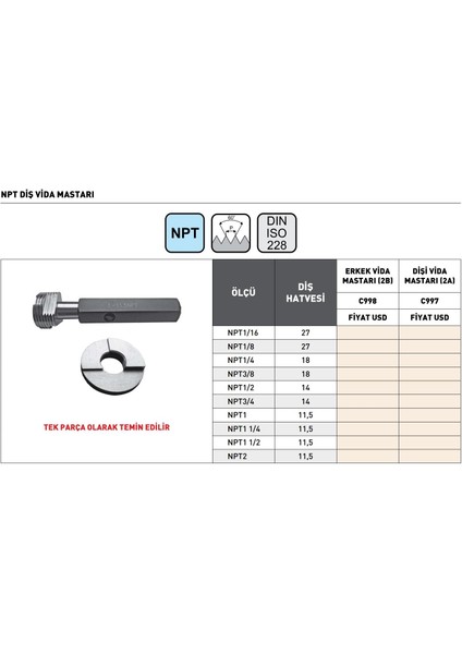 Npt1/2 -14 Pld DIN228 C998 Erkek Npt Diş Vida Mastarı fiyatları