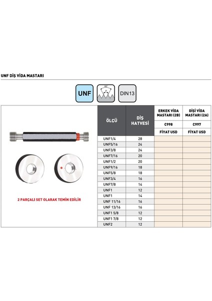 Unf7/8-14 Pld C998 Dişi Unf Diş Vida Mastarı fiyatları