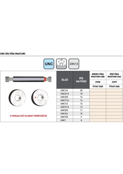 Unc7/8 -9 Pld C998 Dişi Unc Diş Vida Mastarı fiyatları