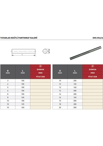 5X100 Poldi DIN4964A Hss Yuvarlak Kesitli Pantograf Kalemi fiyatları