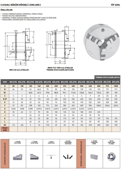 BIS.AYN.400 Bison DIN6350 4 Ayaklı Döküm Gövdeli Torna Aynası