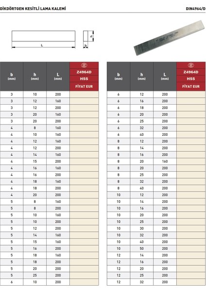 12X20X200 Poldi DIN4964D Hss Dikdörtgen Kesitli Lama Kalemi