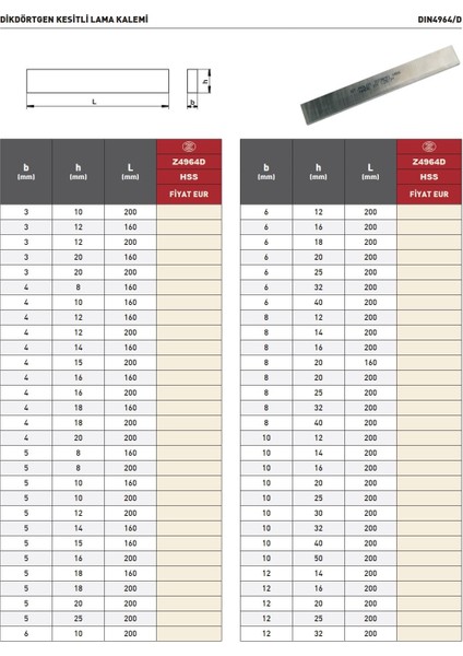 4X16X200 Poldi DIN4964D Hss Dikdörtgen Kesitli Lama Kalemi