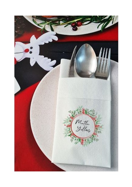 Kumaş Dokulu Mutlu Yıllar Yılbaşı Masası Sunum Peçetesi