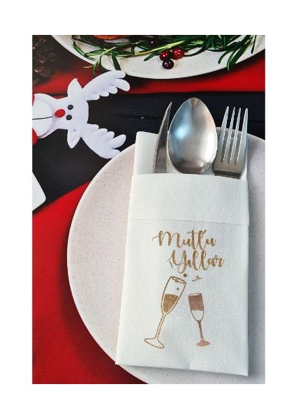 Kumaş Dokulu Kadehli Mutlu Yıllar Yılbaşı Masası Sunum Peçetesi