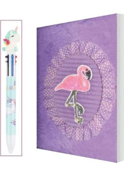 Peluş Hatıra Defteri Küçük Flamingo Mor + Kalem