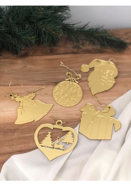 Yılbaşı Çam Ağacı Süsü 5 Adet Gold Pleksi Yeni Yıl Çam Ağacı Süs