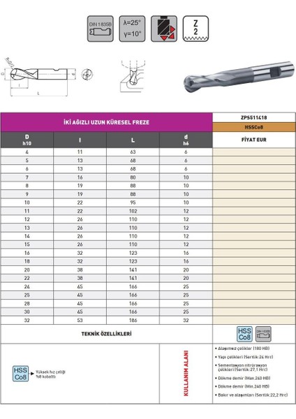 15X26 mm Zps DIN1835 Hss Co8 2 Ağızlı Uzun Küresel Parmak Freze modelleri