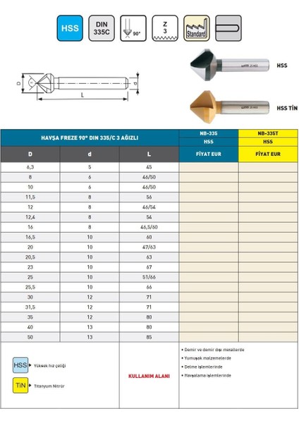 40MM Bucovice DIN335C Hss NB-335 Tin 3 Ağız 90° Havşa Freze