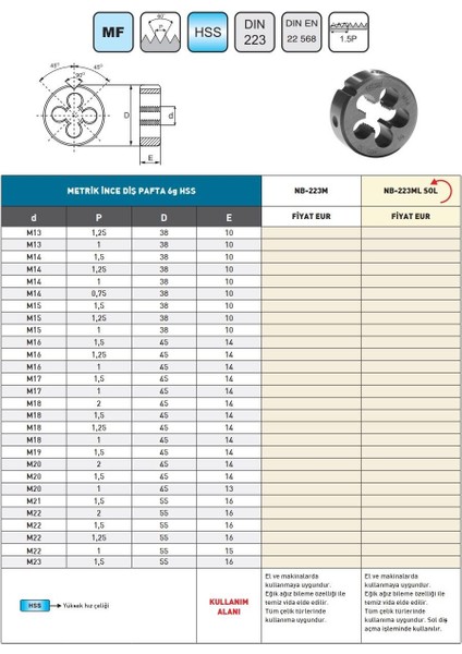 M22X1,25 Bucovice DIN223 NB-223M Hss Metrik Ince Diş Pafta modelleri