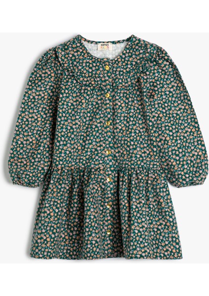 Çiçekli Elbise Bebe Yaka Uzun Kollu Düğmeli Pamuklu