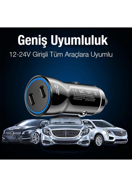 Süper Hızlı Şarj 60W Ultra Hızlı 2x Pd Type C Girişli Araç Şarj Başlığı, 12/24V Tüm Girişlere Uyumlu, Isı ve Akım Korumalı Şarj Başlığı