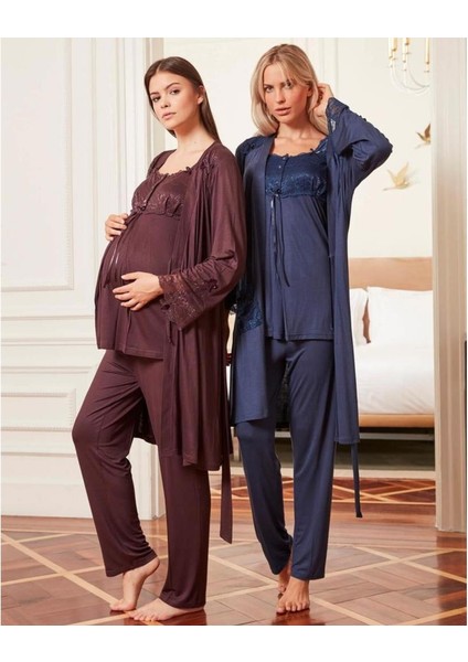 Birolgaye 4804 Lacivert Hamile Lohusa 3 Lü Pijama Sabahlık Tk modelleri