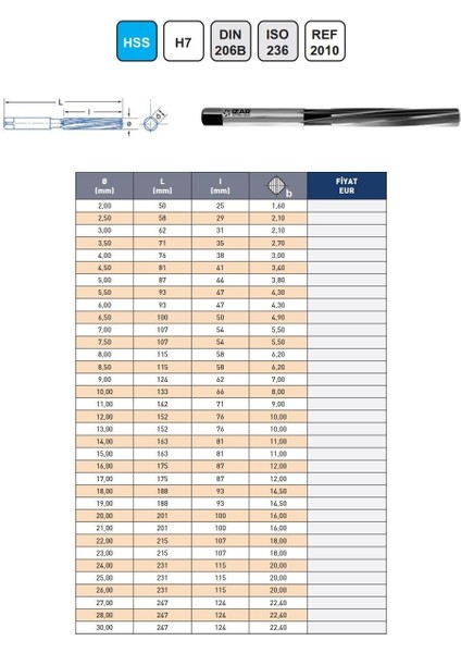 2,50MM Izar DIN206B Hss Silindirik Saplı El Raybası modelleri