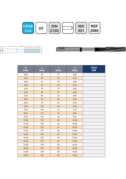 17,00MM Izar DIN212D Hsse Co5 Silindirik Saplı Makina Raybası modelleri