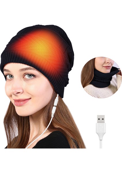 USB Isıtmalı Eşarp Sıcak Kış Örme Isıtmalı Kap Isıtmalı Bere Şapka ve Boyun Isıtıcı Kayak Kamp Avcılık Için, Siyah (Yurt Dışından)