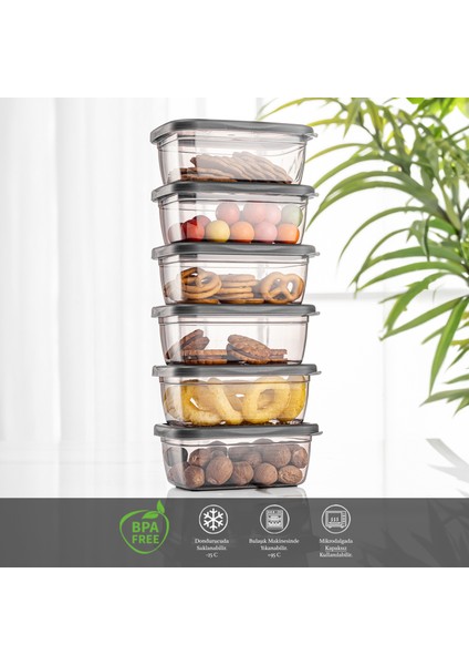 6 Adet Pratik Box - Dikdörtgen Kapaklı Saklama Kabı - Baharatlık Kahvaltı Çerezlik Kabı 6X380 ml