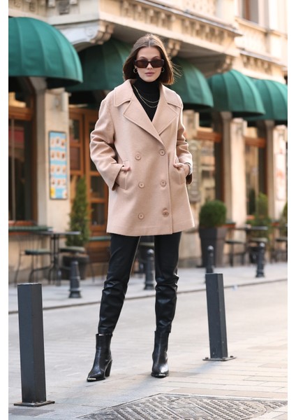 Kamel 4 Düğme Kapama Oversize Kaşe Kaban