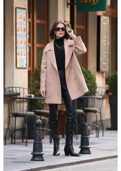 Kamel 4 Düğme Kapama Oversize Kaşe Kaban