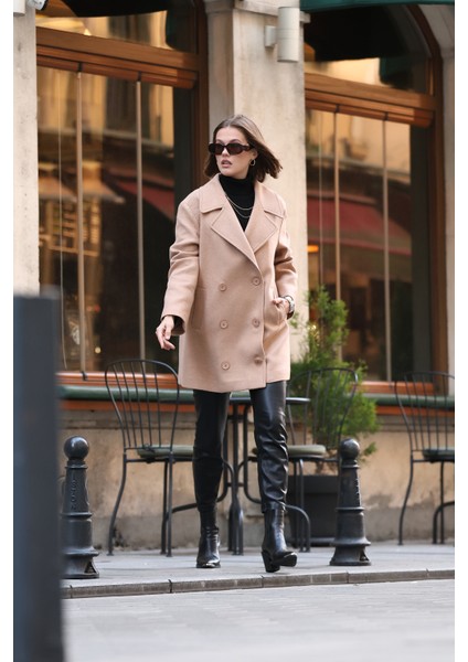 Kamel 4 Düğme Kapama Oversize Kaşe Kaban