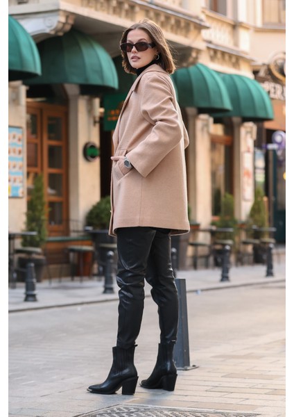 Kamel 4 Düğme Kapama Oversize Kaşe Kaban