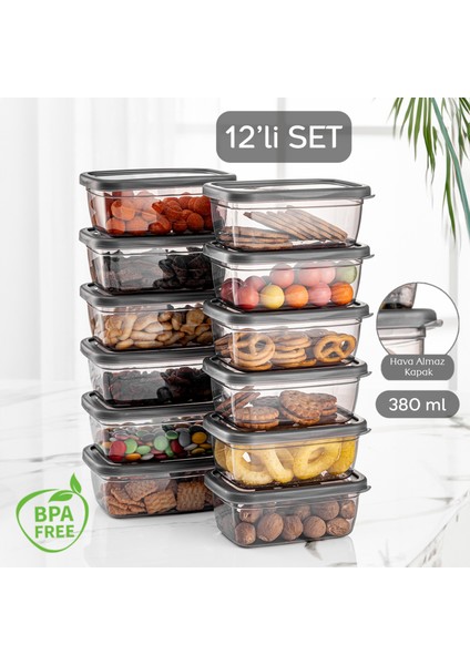 12'li Set Pratik Box - Dikdörtgen Kapaklı Saklama Kabı - Baharatlık Kahvaltı Çerezlik Kabı 12X380ML