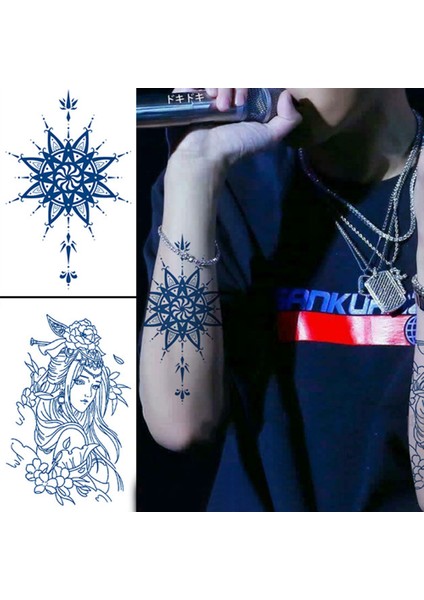 Su Geçirmez Uzun Ömürlü Dövme Etiket Mavi Gül Dantel Güneş Ay Tasarım Vücut Sanatı Bitkisel Dövme Dövme Etiket Kadın Erkek Için (Yurt Dışından) modelleri